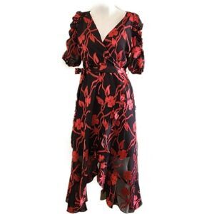Kensie size 6 Spanish black red dress assymetrical ruched puff sleeve ruffle